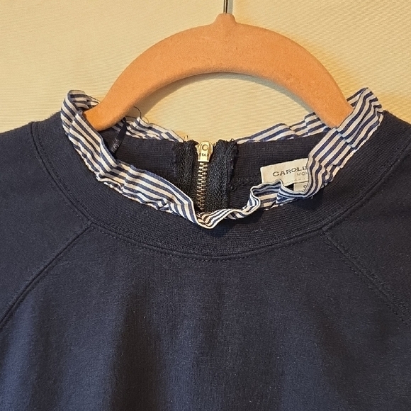 Carolina Belle Navy Top with Blue Striped Ruffled Sleeve And Collar Womens Small - Picture 3 of 9